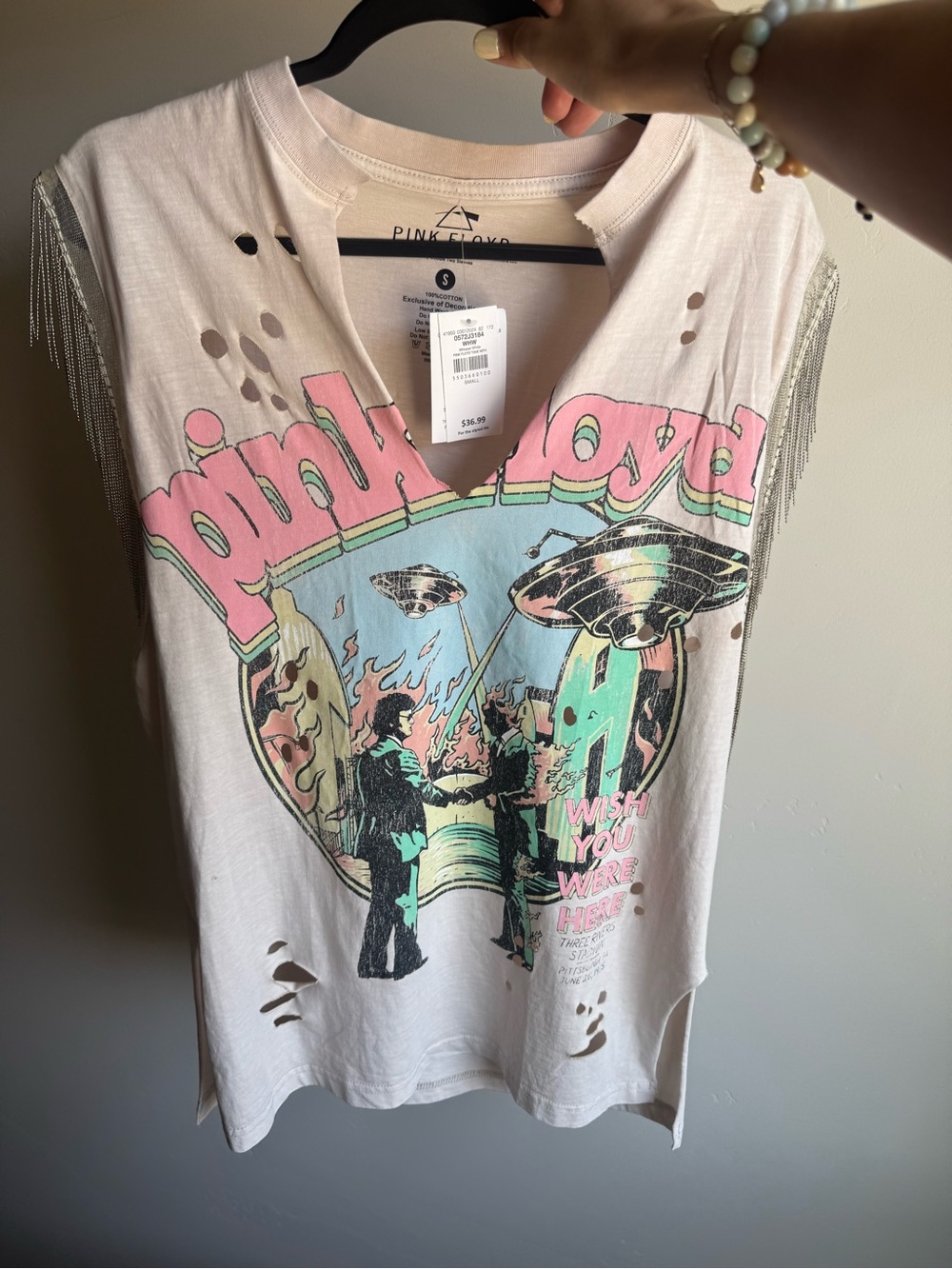 Whisper White Pink Floyd Fringe Band Tank Top S